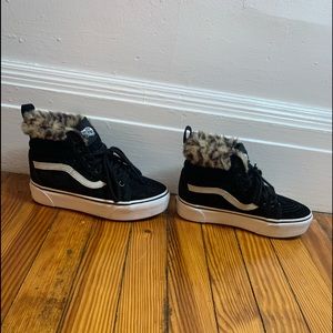 Black velvet high top vans with cheetah fur